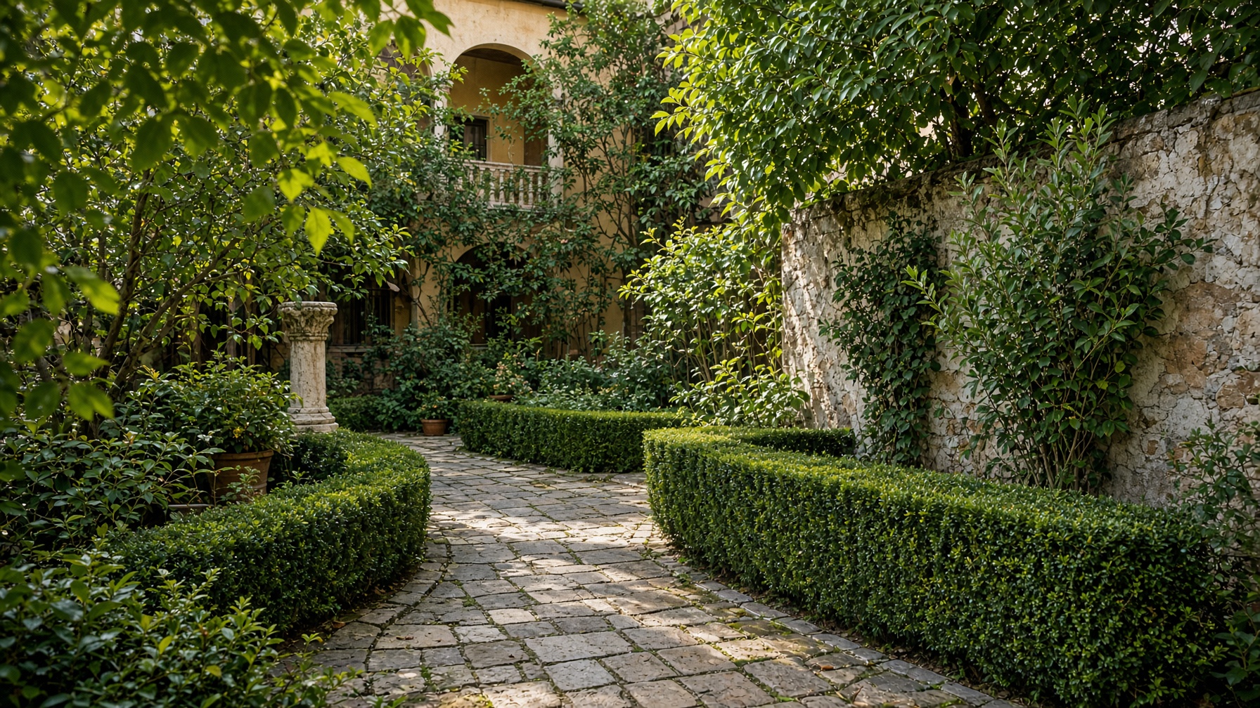 Cortile con siepe tagliata e vialetto in pietra